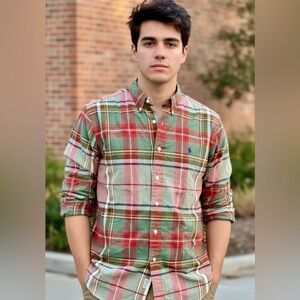 RALPH LAUREN Vintage 80s Green Red Plaid Button Down Cotton Shirt Large